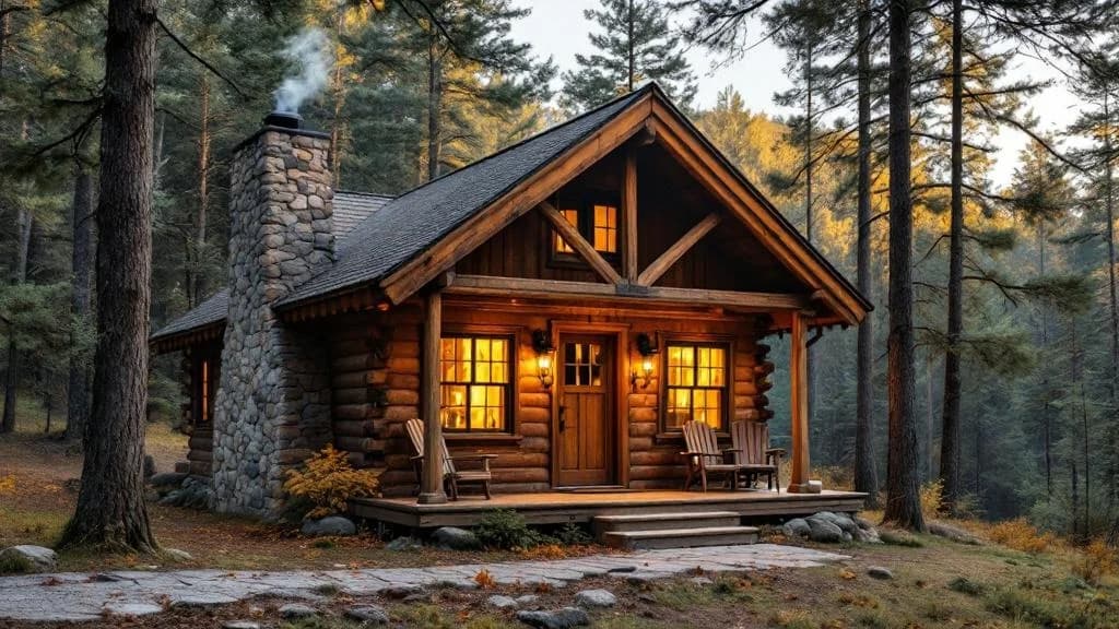 Flux 1.1 Pro output: A cozy wooden cabin nestled in a peaceful forest setting, warm golden light glowing from windows, stone chimney with gentle smoke rising, surrounded by tall pine trees, soft evening light filtering th...