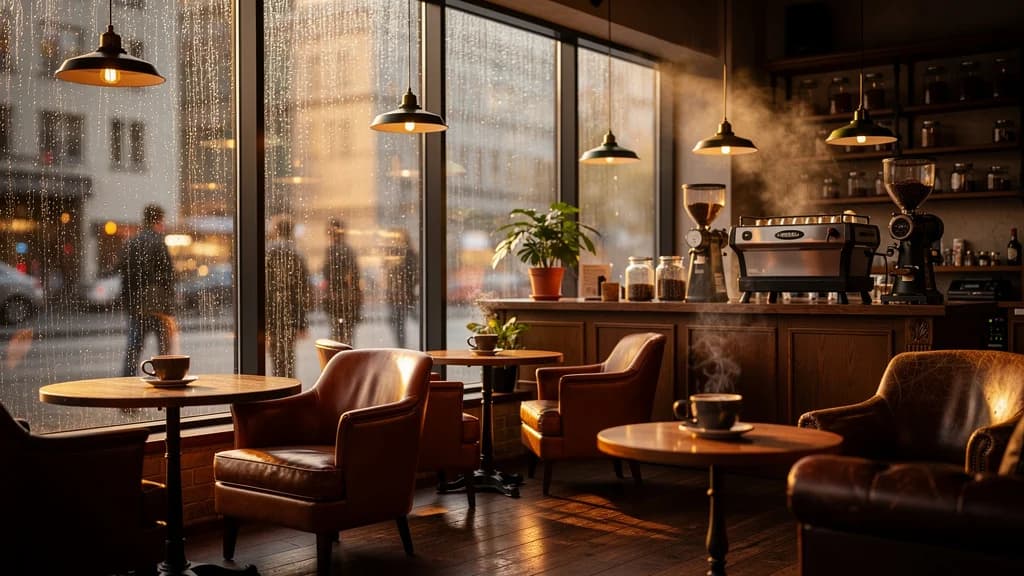 Flux 2 Pro output: Cozy coffee shop interior on a rainy day, warm ambient lighting from pendant lamps and window light, rain droplets streaming down large windows, steaming coffee cups on wooden tables, soft leather cha...