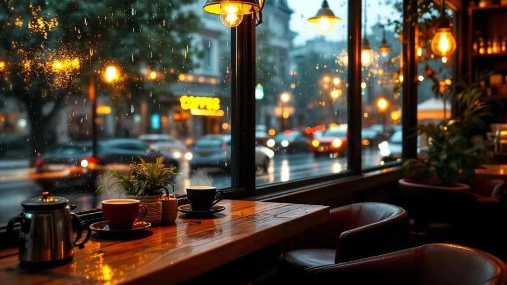 Flux 1.1 Pro output: Cozy coffee shop interior on a rainy day, warm ambient lighting from pendant lamps and window light, rain droplets streaming down large windows, steaming coffee cups on wooden tables, soft leather cha...