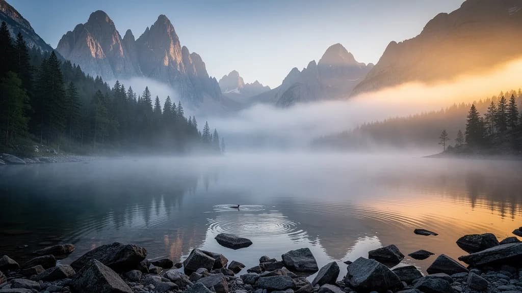 Flux 2 Pro output: Serene mountain lake surrounded by towering peaks, thick morning fog rolling across the water surface, misty atmosphere with soft diffused light, pine trees along the shoreline partially obscured by f...