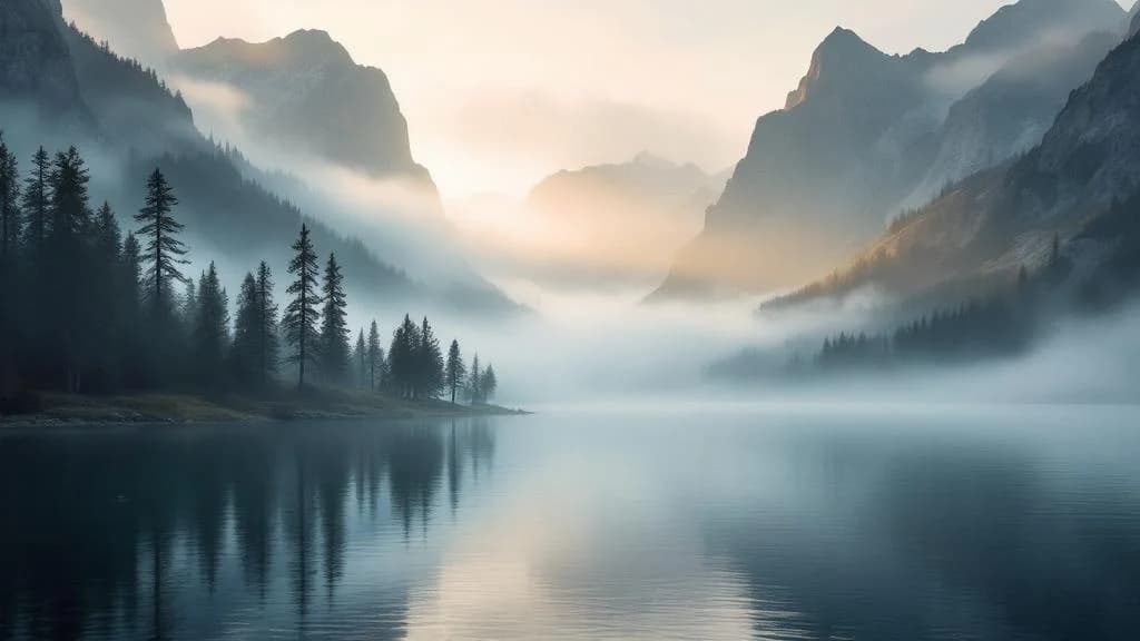 Flux 1.1 Pro output: Serene mountain lake surrounded by towering peaks, thick morning fog rolling across the water surface, misty atmosphere with soft diffused light, pine trees along the shoreline partially obscured by f...