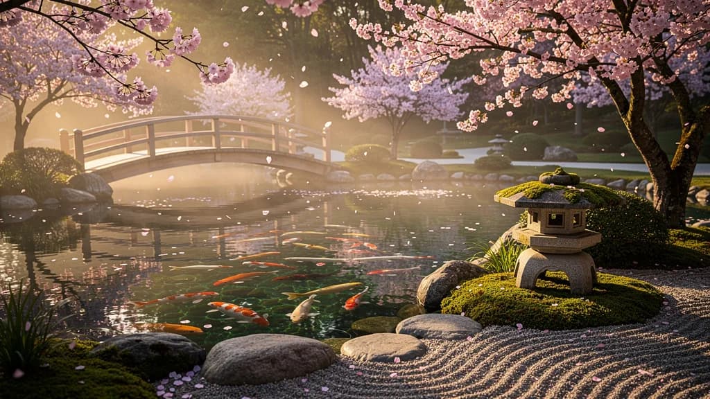 Flux 2 Pro output: A serene Japanese garden with a koi pond, cherry blossoms falling gently, golden hour lighting, traditional stone lantern, wooden bridge over still water, peaceful zen atmosphere, soft pink petals flo...