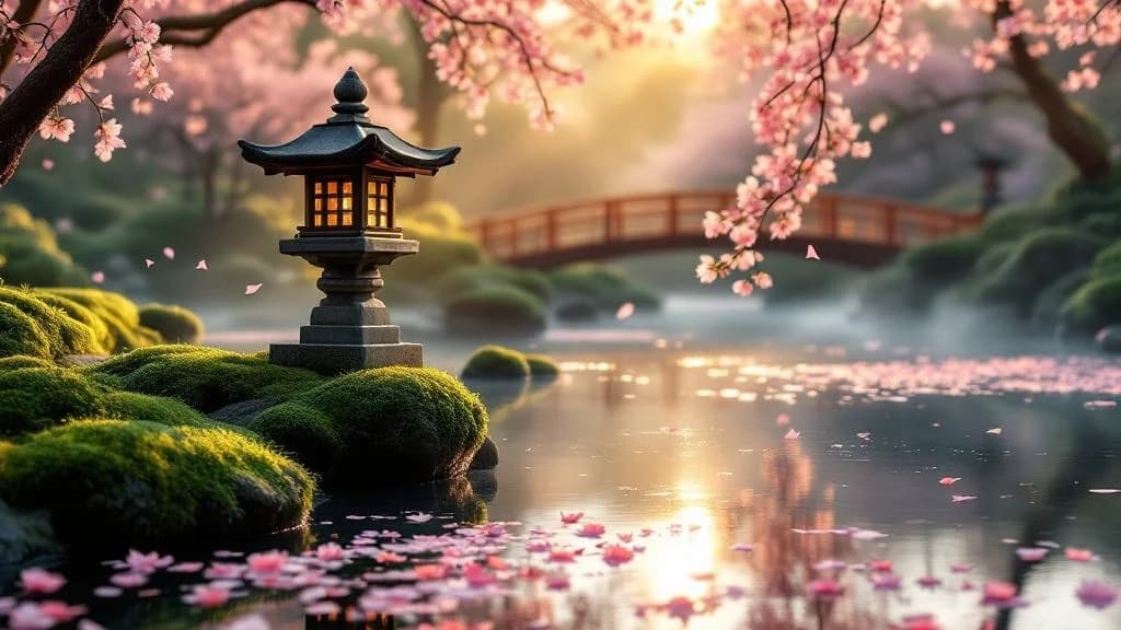 Flux 1.1 Pro output: A serene Japanese garden with a koi pond, cherry blossoms falling gently, golden hour lighting, traditional stone lantern, wooden bridge over still water, peaceful zen atmosphere, soft pink petals flo...
