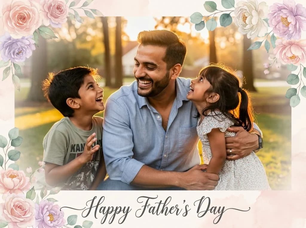 The same South Asian dad and his two kids transformed into a Father's Day card with a watercolor floral border