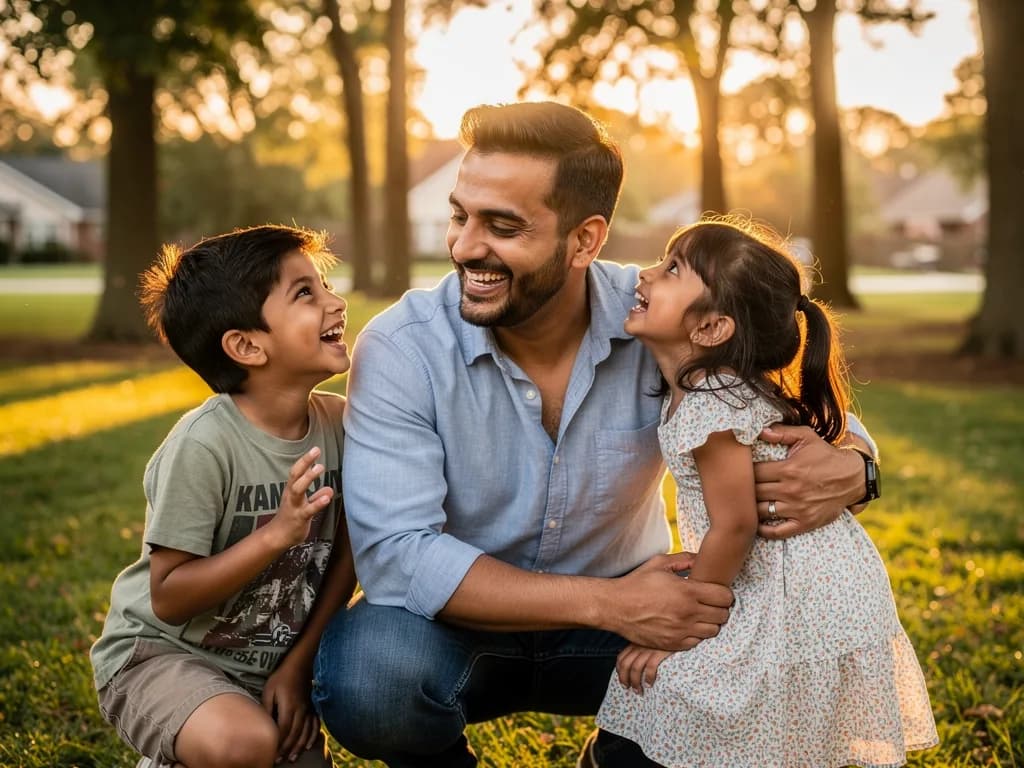 Original photo of a South Asian dad laughing with his son and daughter in a sunlit park