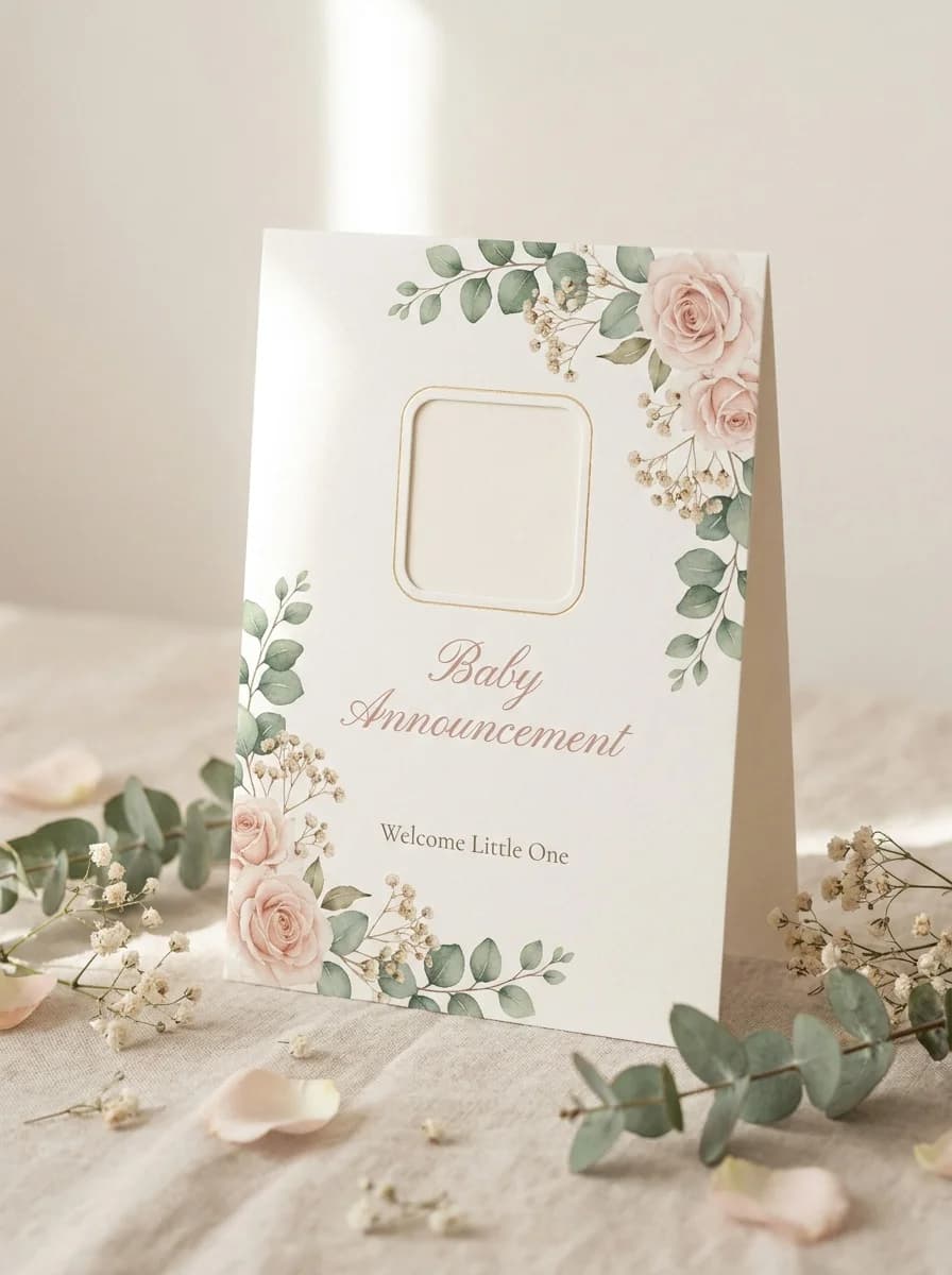 AI-generated baby announcement card with soft pastel botanical illustrations