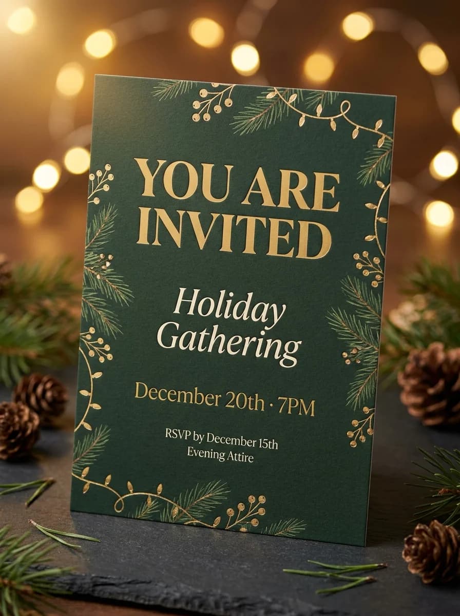 AI-generated holiday party invitation with warm gold tones and cozy winter motifs