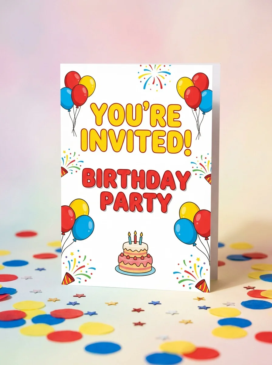 AI-generated kids birthday party invitation with balloons, confetti, and cake motifs
