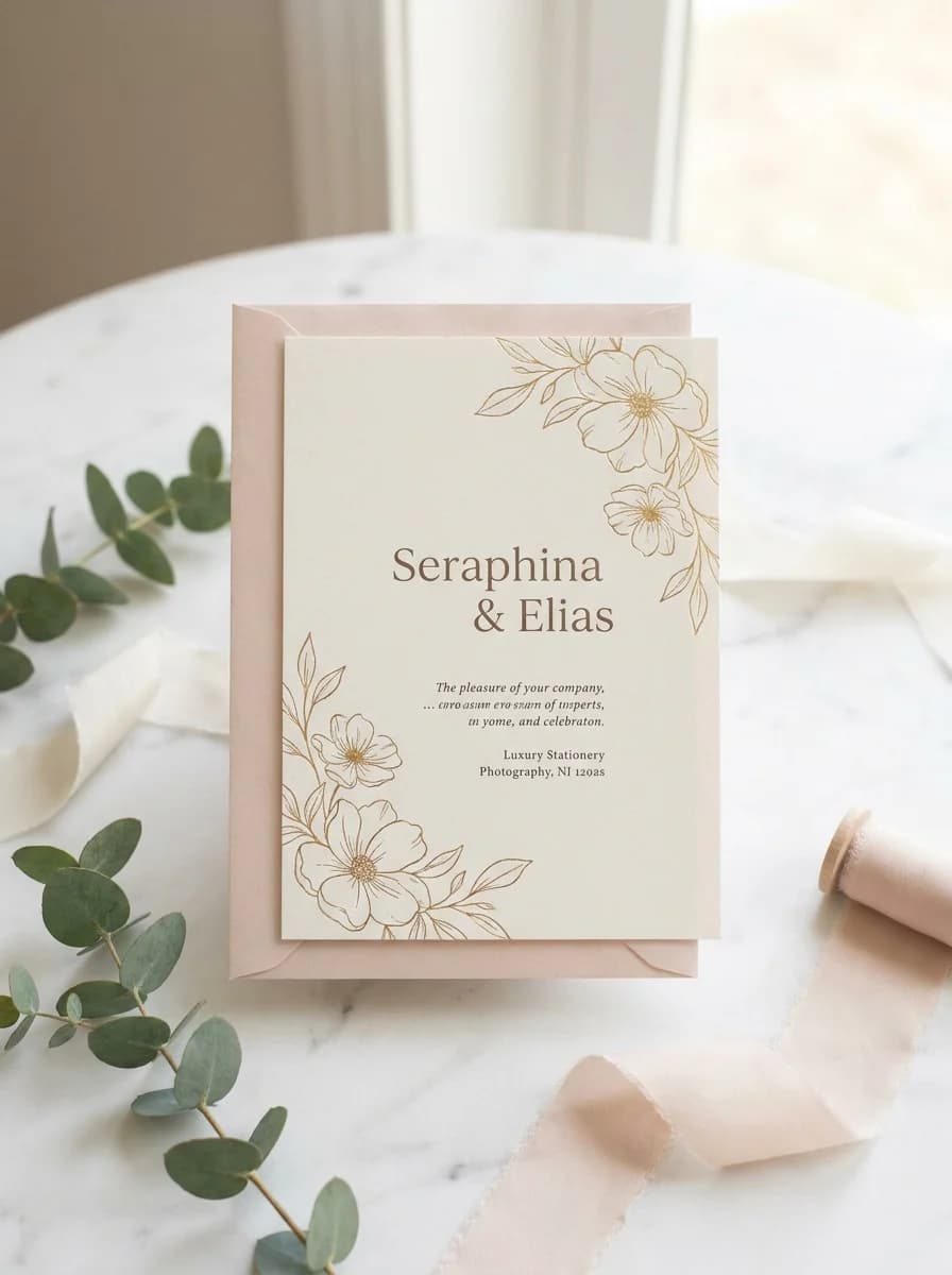AI-generated wedding invitation with delicate floral line art and gold foil accents