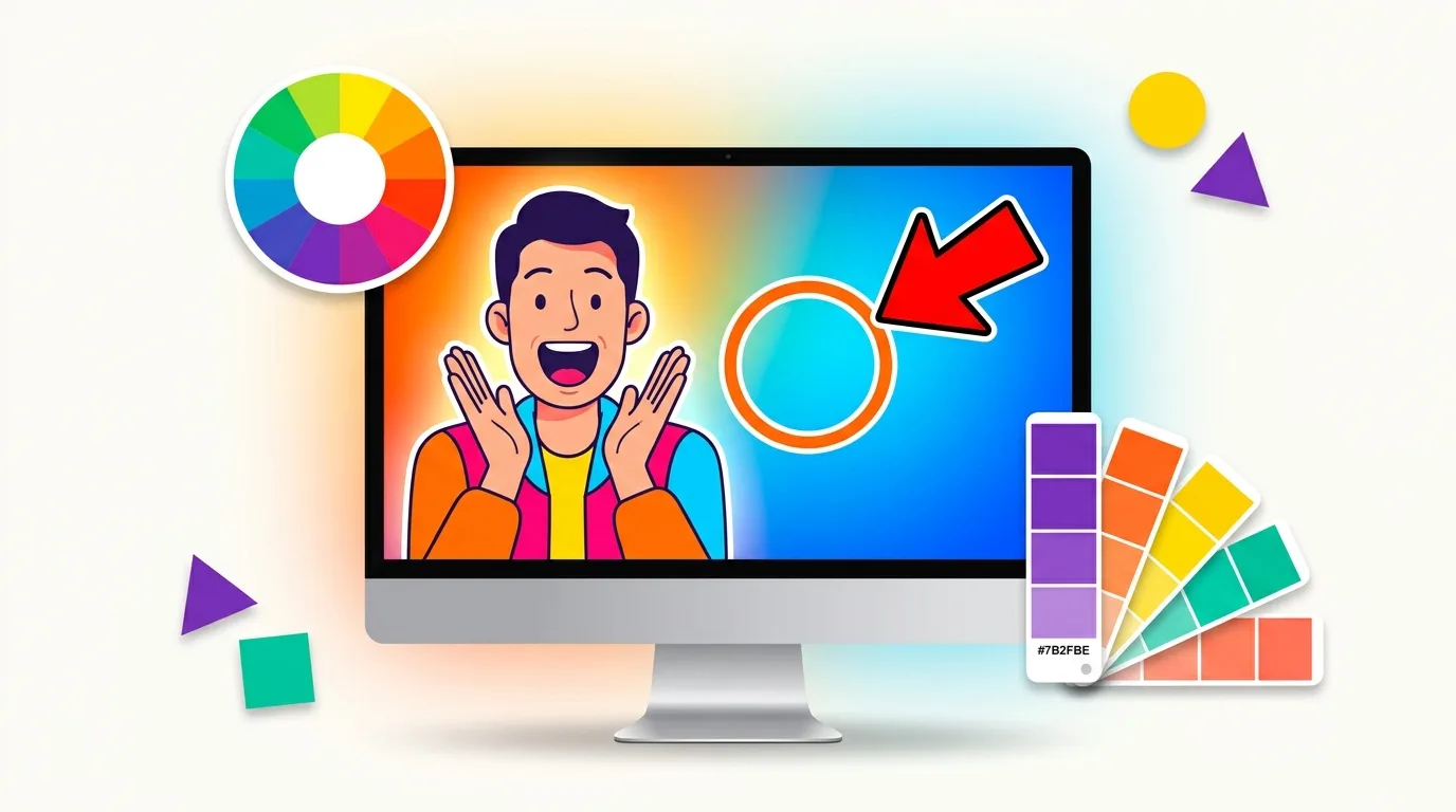 Illustration of YouTube thumbnail design elements, including an expressive face, an arrow, and a color wheel