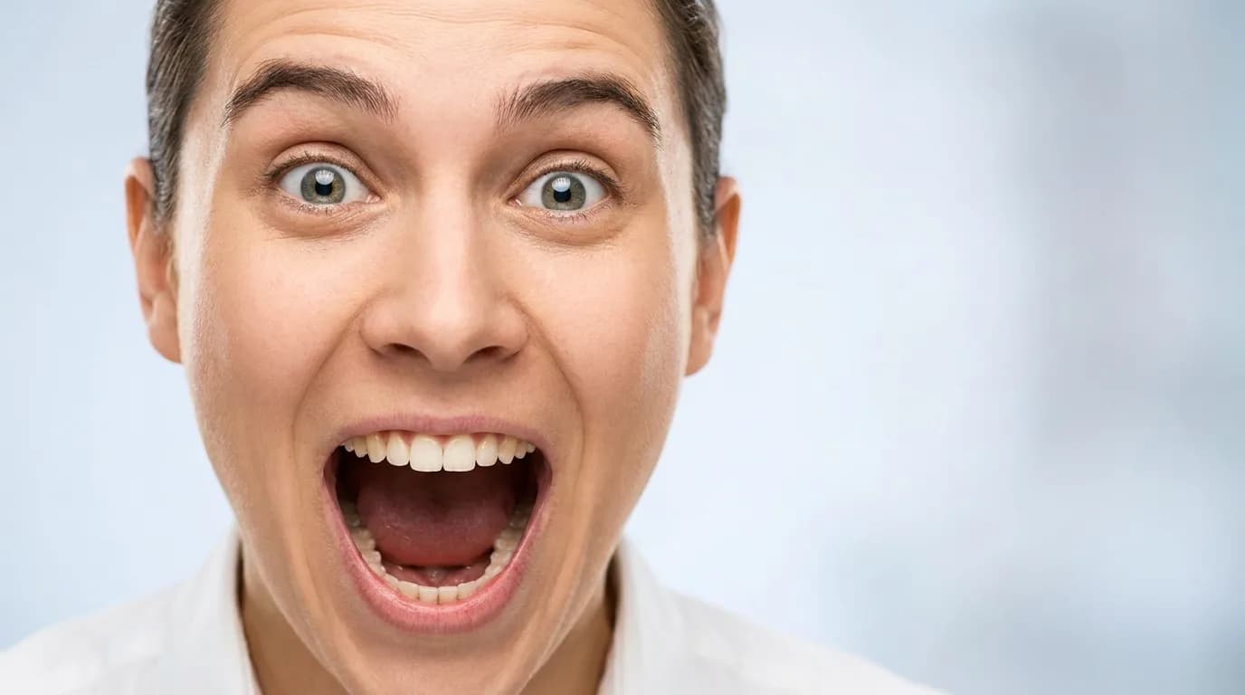 Good example: a large close-up face with an excited expression filling most of the frame