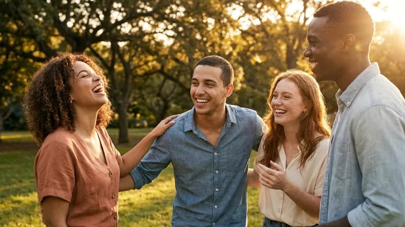 AI-generated brand story ad: a diverse group of friends laughing together in golden sunlight
