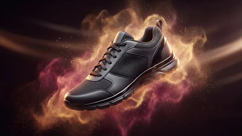 AI-generated product commercial: an unbranded athletic sneaker with an energetic splash of color