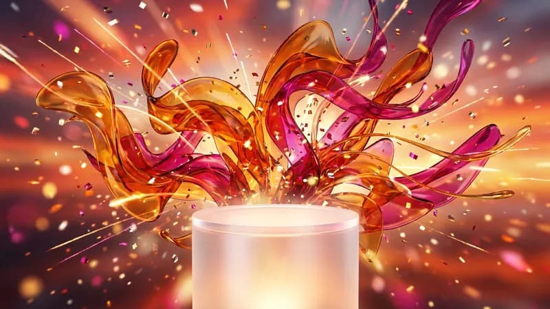 AI-generated promo ad: a burst of colorful ribbons and confetti around a glowing pedestal