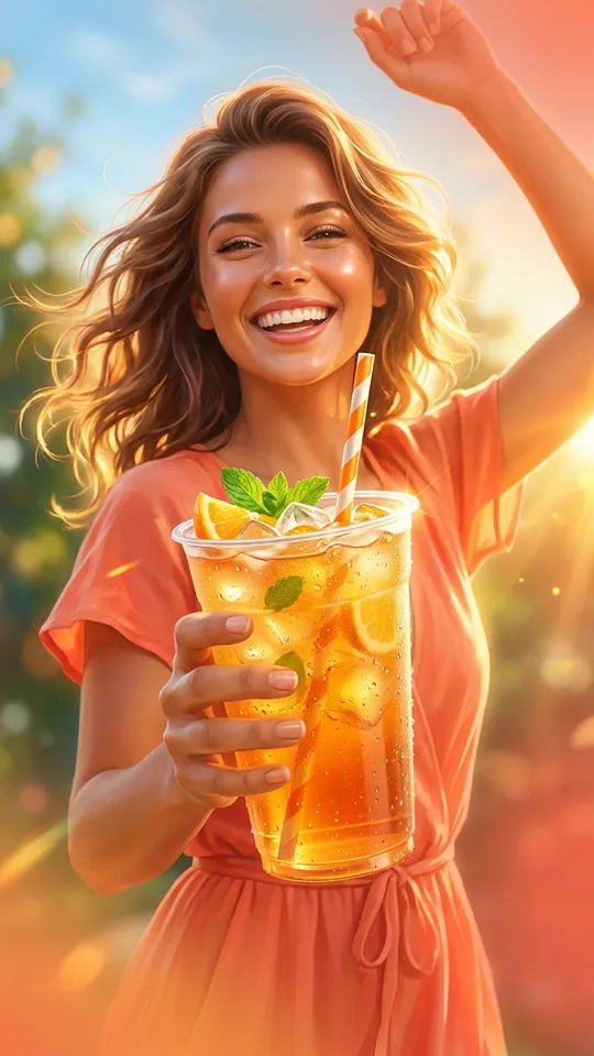 AI-generated vertical social media video ad: a person enjoying a refreshing drink in bright sunshine