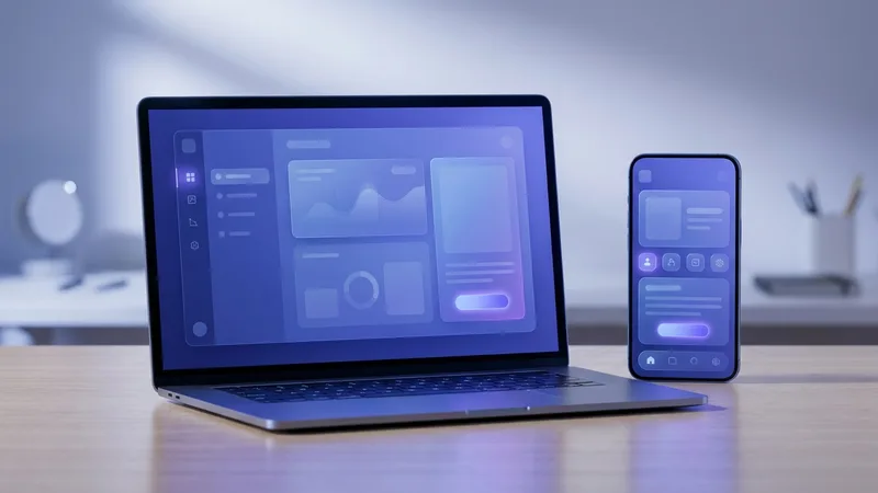 AI-generated feature walkthrough: a laptop and phone showing a fictional app interface side by side