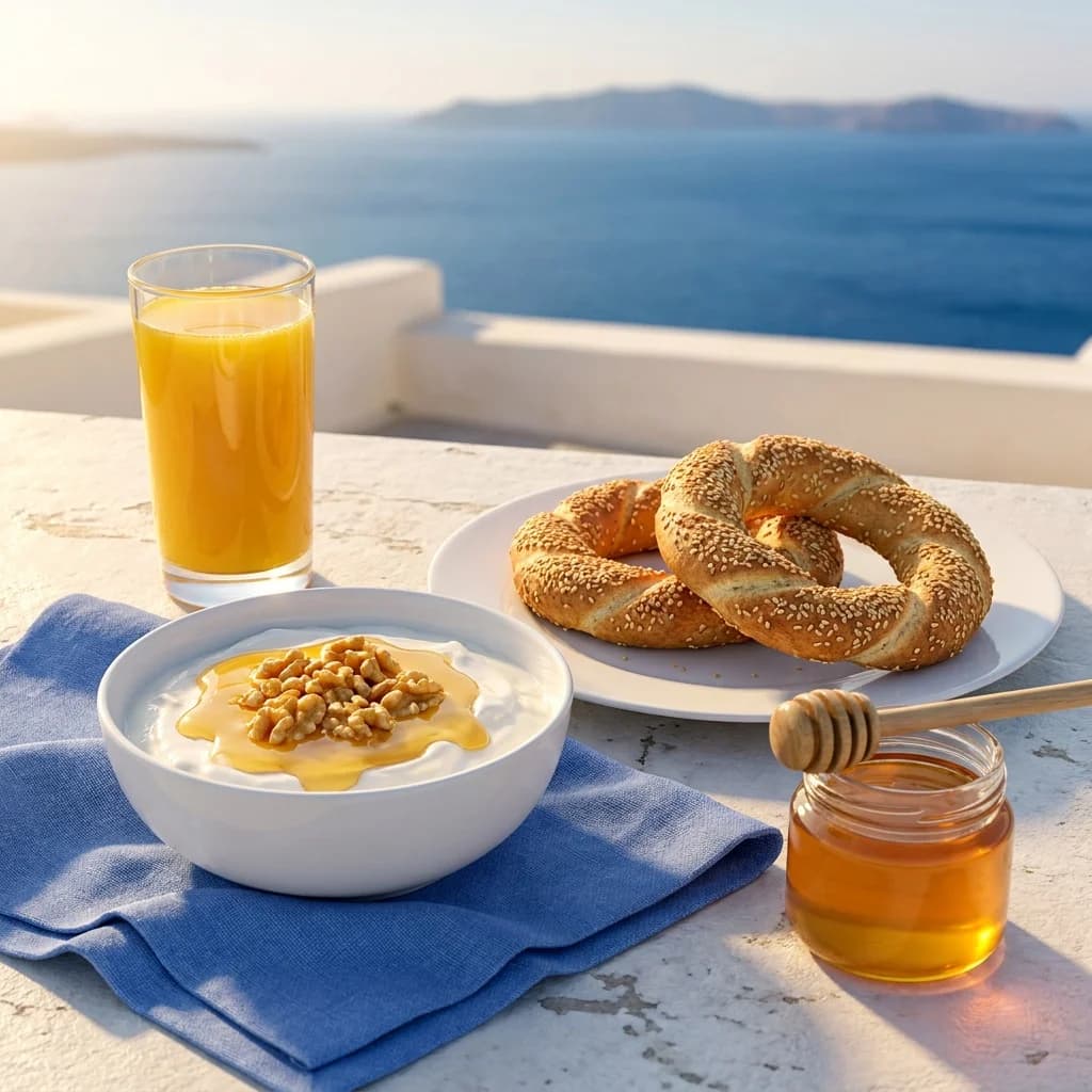 Carousel frame three: Greek breakfast overlooking the Aegean sea