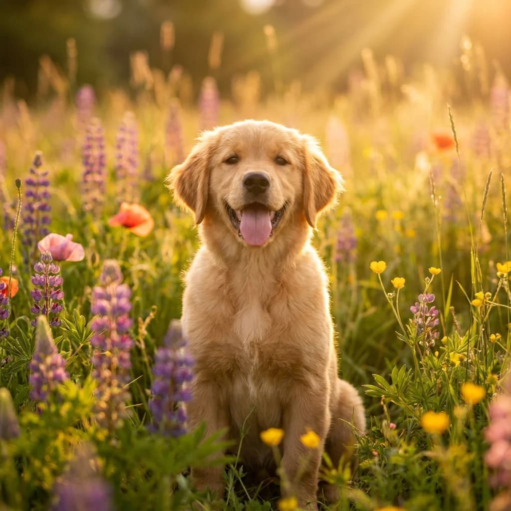 AI-generated Instagram photo post of a golden retriever puppy in wildflowers