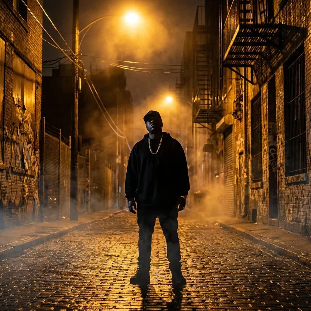 AI-generated hip-hop album cover with a bold figure under golden street light