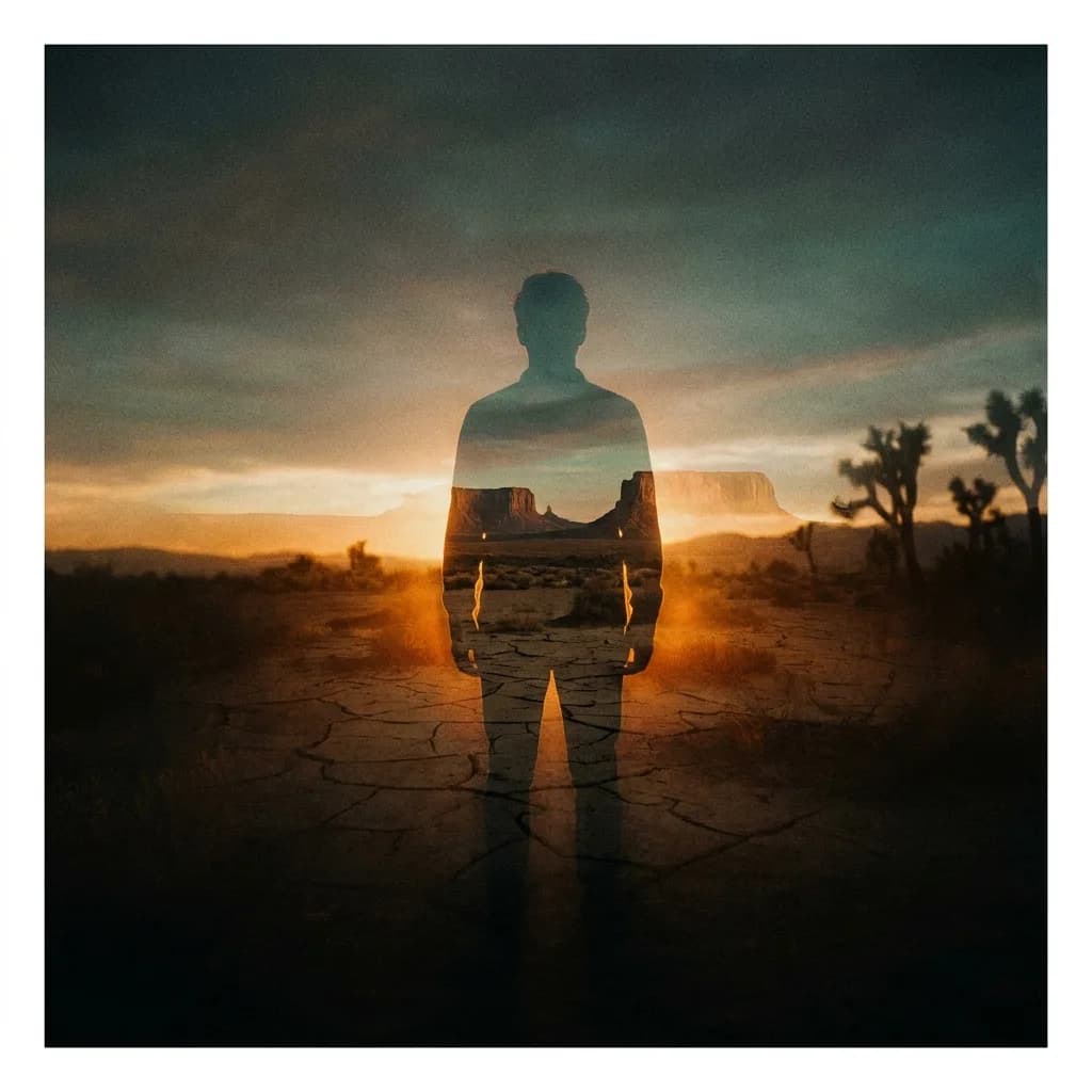AI-generated indie album cover with a moody double-exposure desert silhouette