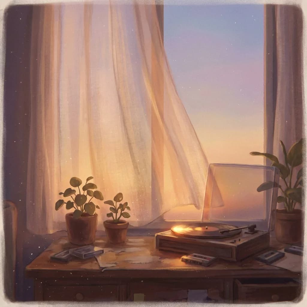 AI-generated lo-fi album cover with a dreamy pastel bedroom sunset