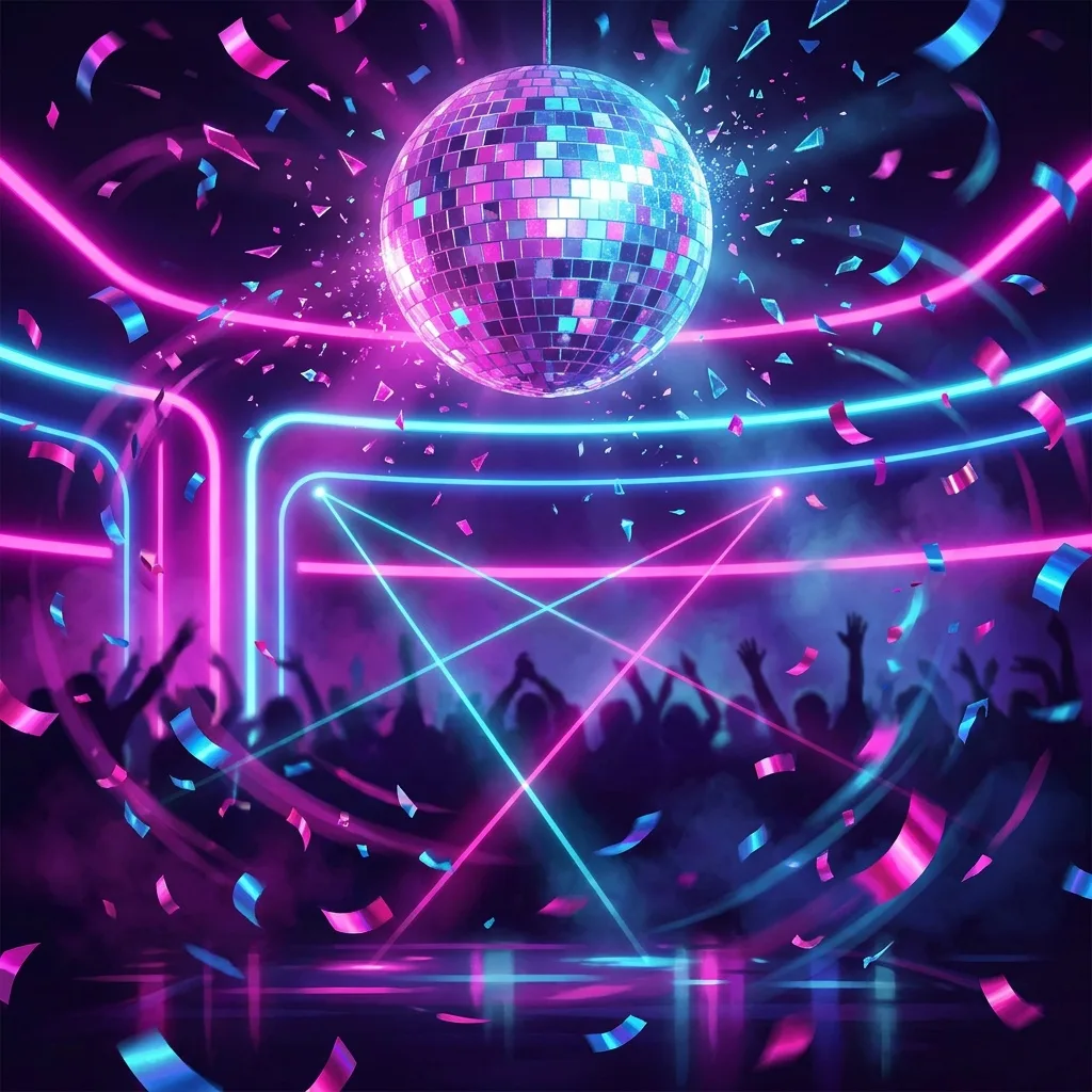 AI-generated party playlist cover with a neon disco ball and confetti