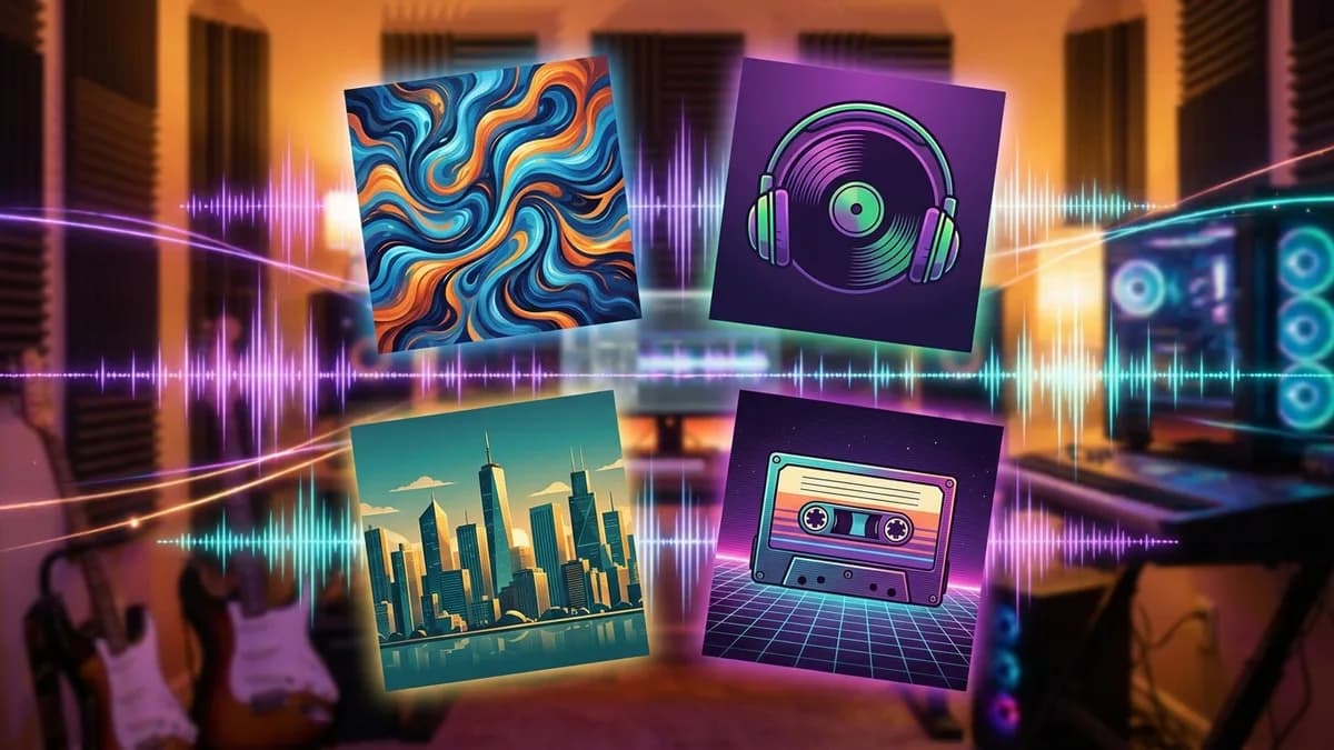 AI-generated playlist covers across chill, workout, focus, and party moods