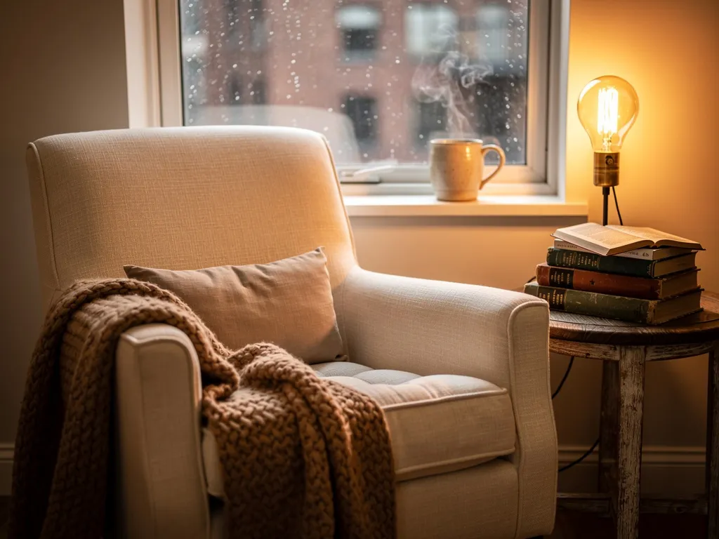 AI-generated cozy reading nook with golden afternoon light, knit throw blanket, and rain on the window, created with Flux 2 Pro
