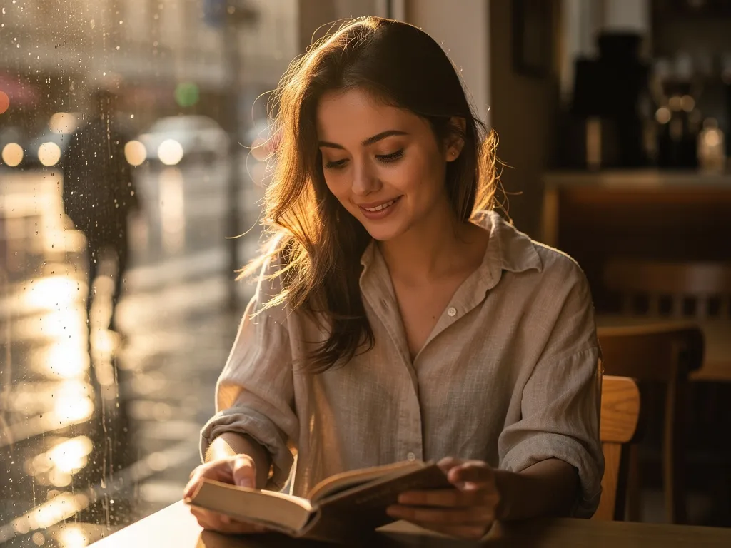AI-generated candid portrait of a woman in a sunlit cafe with golden hour lighting and rainy street bokeh, created with Flux 2 Pro