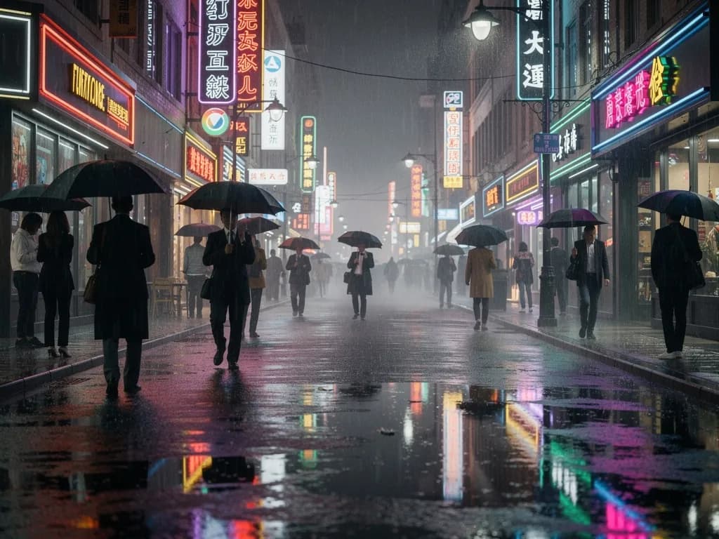 AI-generated rainy city street at night with neon reflections in wet pavement, created with Flux 2 Pro