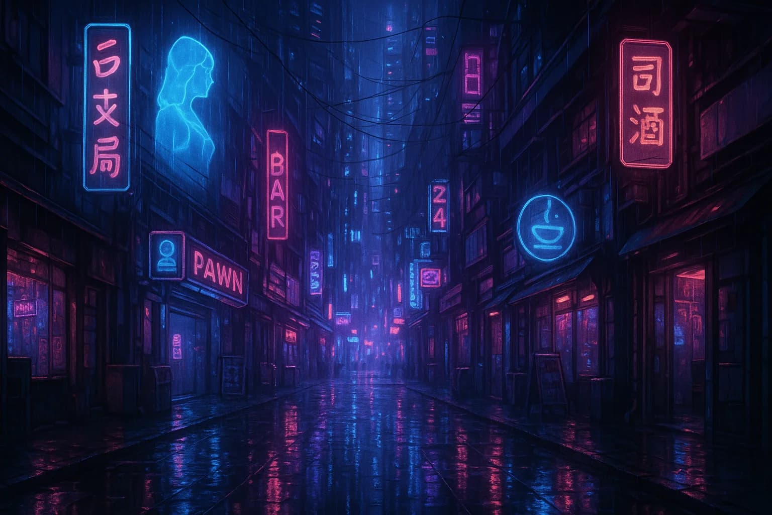 AI-generated cyberpunk city street at night with neon signs and wet pavement