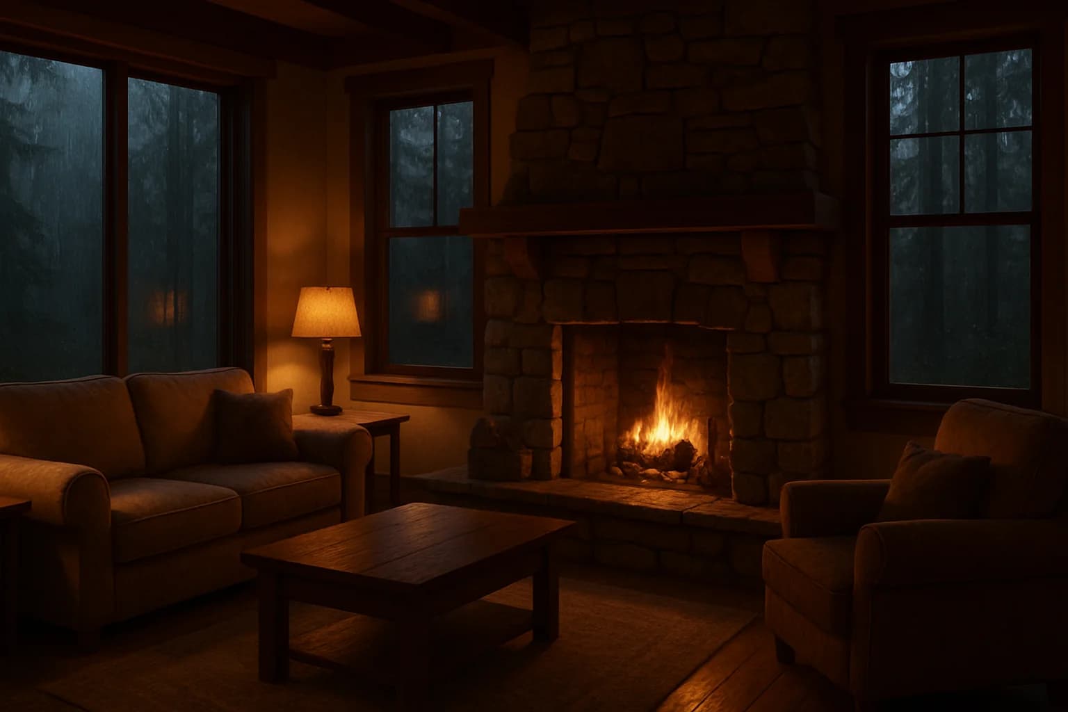 AI-generated cozy living room with stone fireplace and evening rainstorm outside