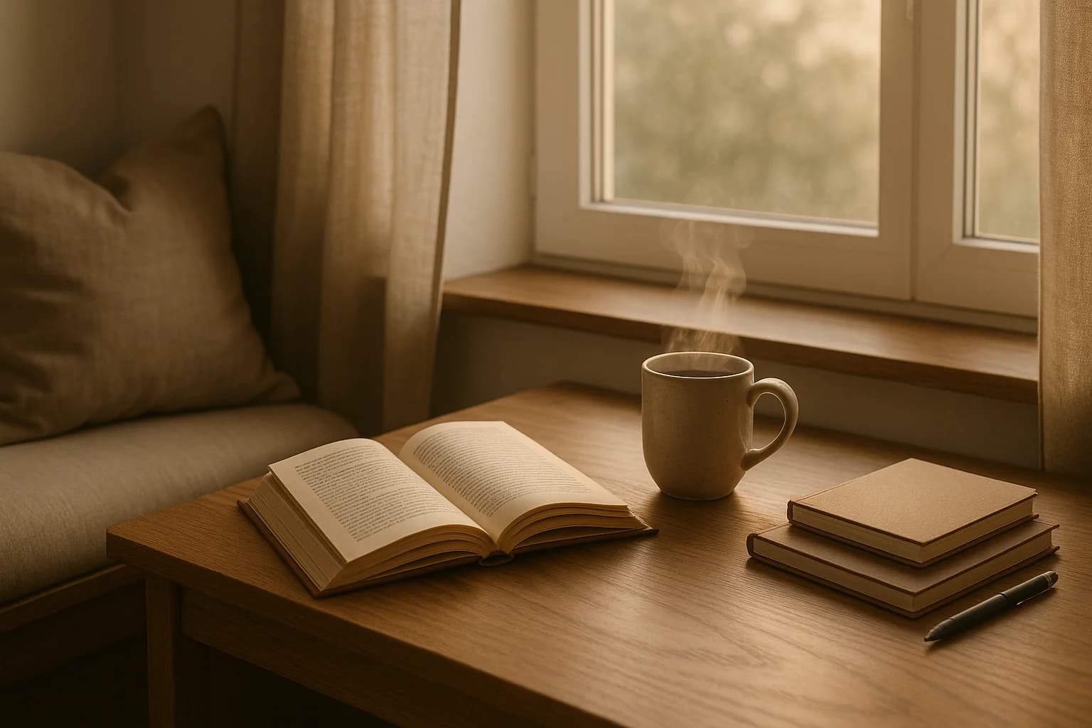 AI-generated cozy reading nook with open book, steaming coffee, and notebooks by a window