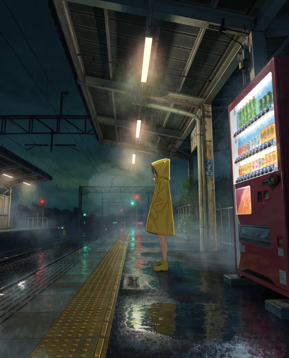 AI-generated anime illustration of a girl in a yellow raincoat on a rainy train platform at night lit by a vending machine, created with Krea 2 Medium