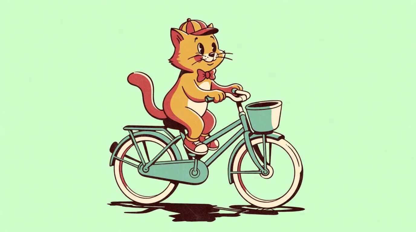 AI-generated retro cartoon illustration of a cat riding a bicycle, rendered with Krea 2 Medium