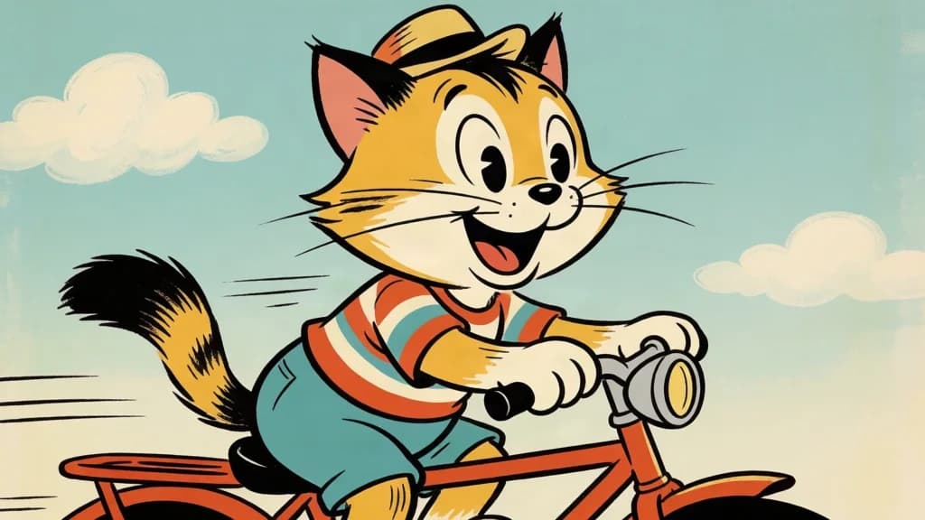 AI-generated retro cartoon illustration of a cat riding a bicycle, drafted with Krea 2 Turbo