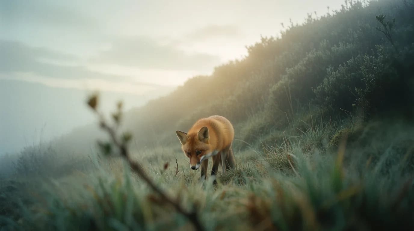 AI-generated 35mm film photograph of a red fox on a misty hillside at dawn with soft backlight and fine grain, created with Krea 2 Medium