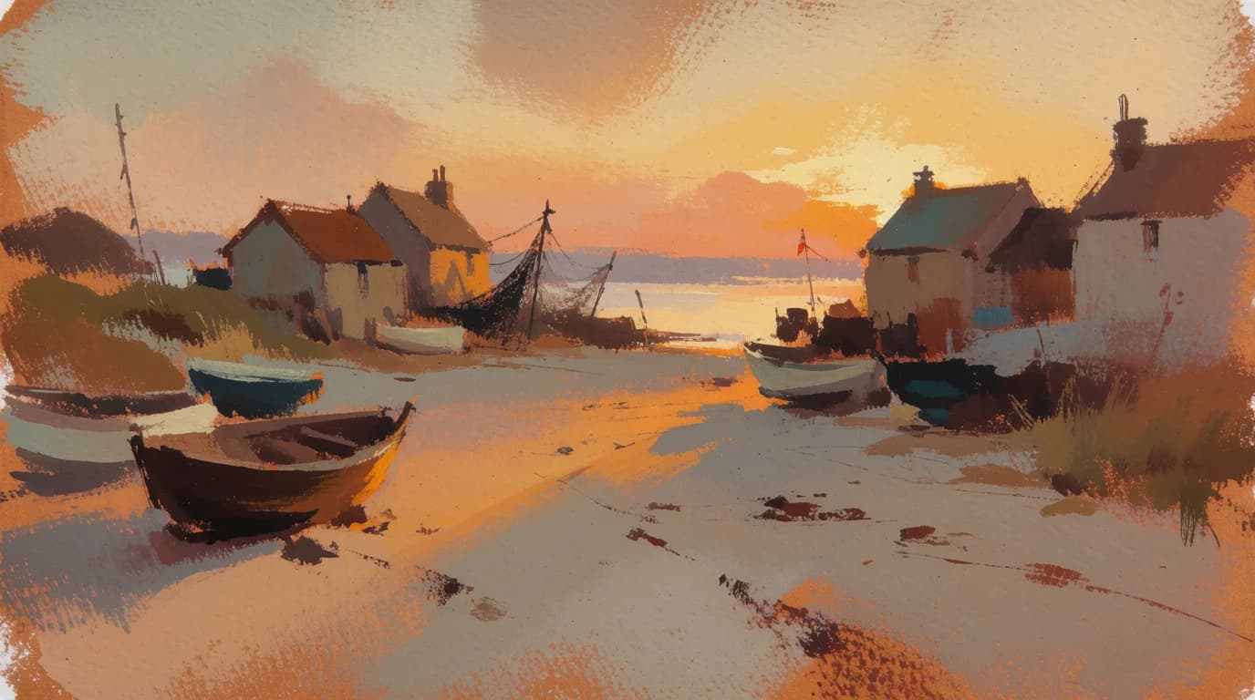 AI-generated gouache painting of a fishing village at golden hour with thick brushstrokes and an ochre and teal palette, created with Krea 2 Medium