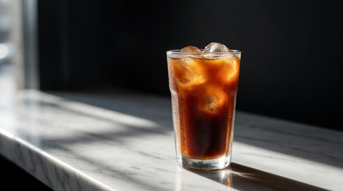 AI-generated macro photograph of an iced coffee glass on marble with hard window light, deep shadows, and condensation, created with Krea 2 Medium