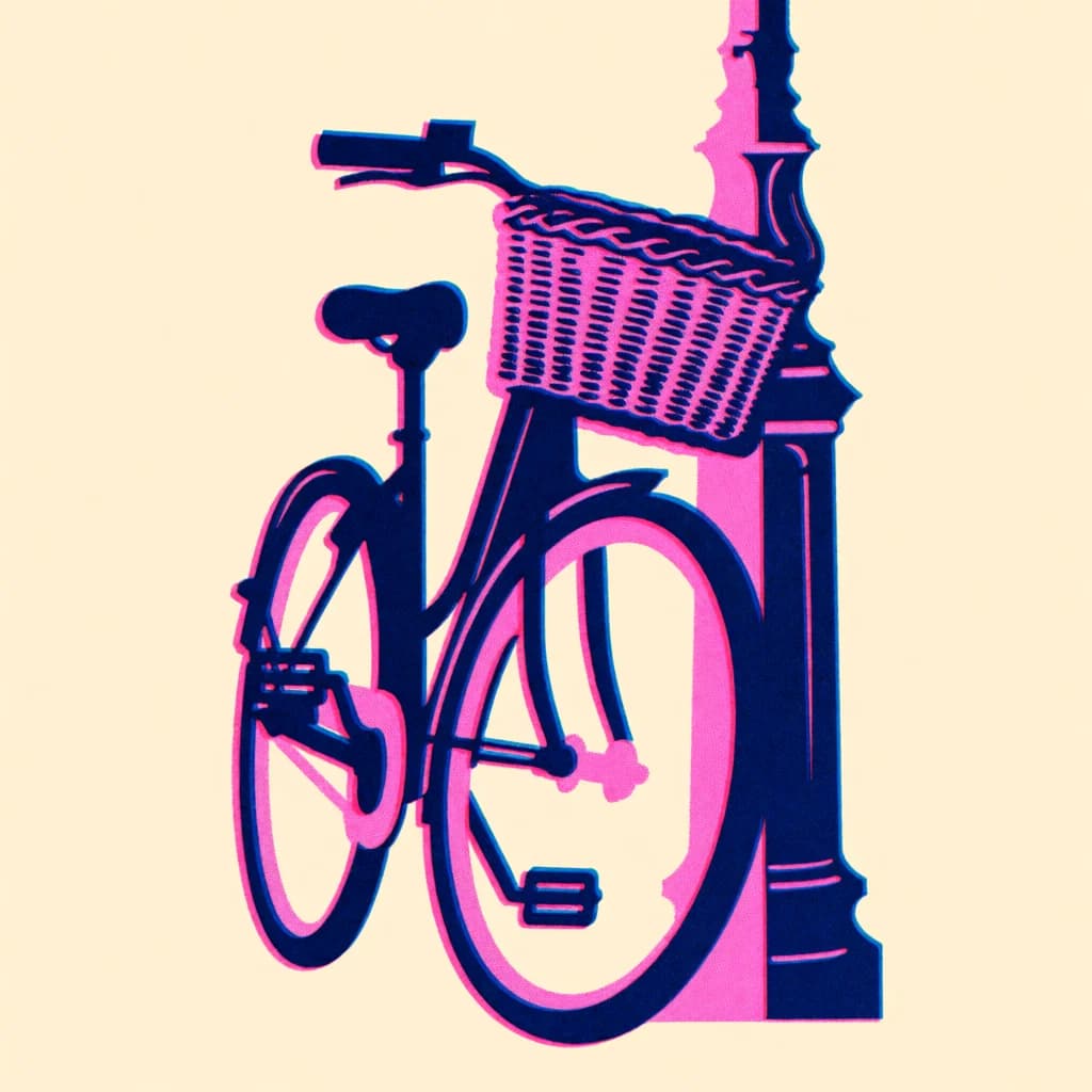 AI-generated risograph print of a bicycle against a lamppost in fluorescent pink and navy on cream, created with Krea 2 Medium