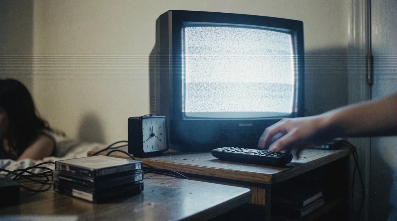 AI-generated grainy lo-fi VHS still of a 1990s bedroom lit by a CRT television showing static, with tracking lines and a motion-blurred hand reaching for the remote, created with Krea 2 Medium