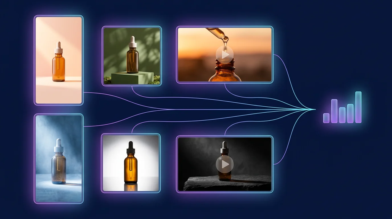 Ad creative variations of one product in vertical, square, and video formats feeding a creative test