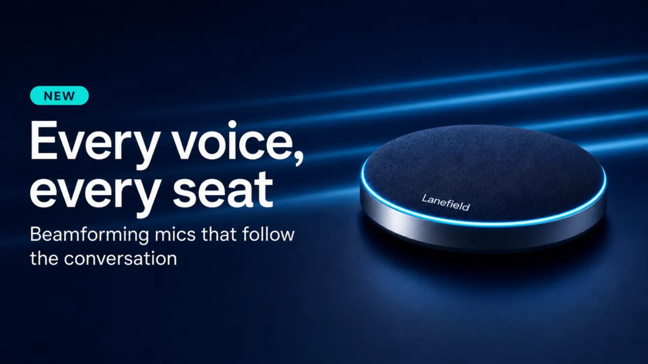 AI-generated example feature announcement for Lanefield, a fictional office hardware brand: the speakerphone beside the headline Every voice, every seat