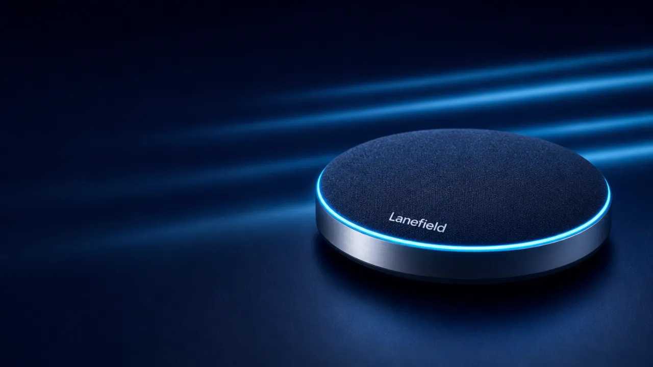 AI-generated example launch hero for Lanefield, a fictional office hardware brand: a navy fabric speakerphone puck with a glowing teal light ring