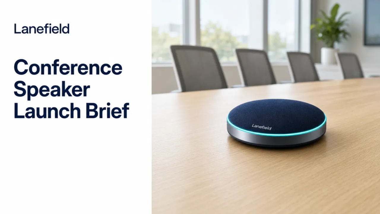 AI-generated example sales deck cover for Lanefield, a fictional office hardware brand: the speakerphone on an oak conference table beside the title Conference Speaker Launch Brief