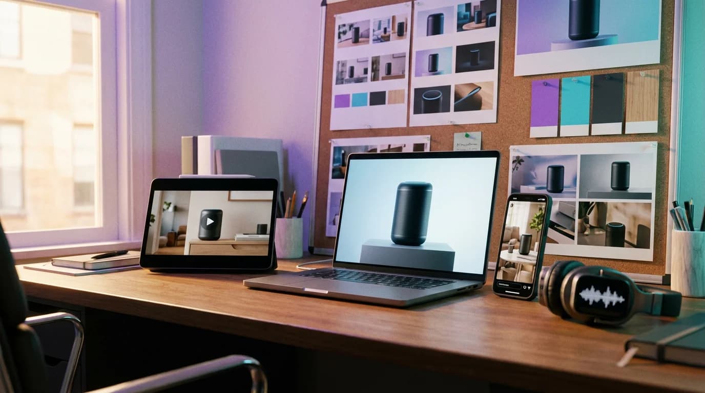 A product launch kit for one smart speaker across a laptop hero visual, a tablet demo video, a phone social post, and an audio waveform