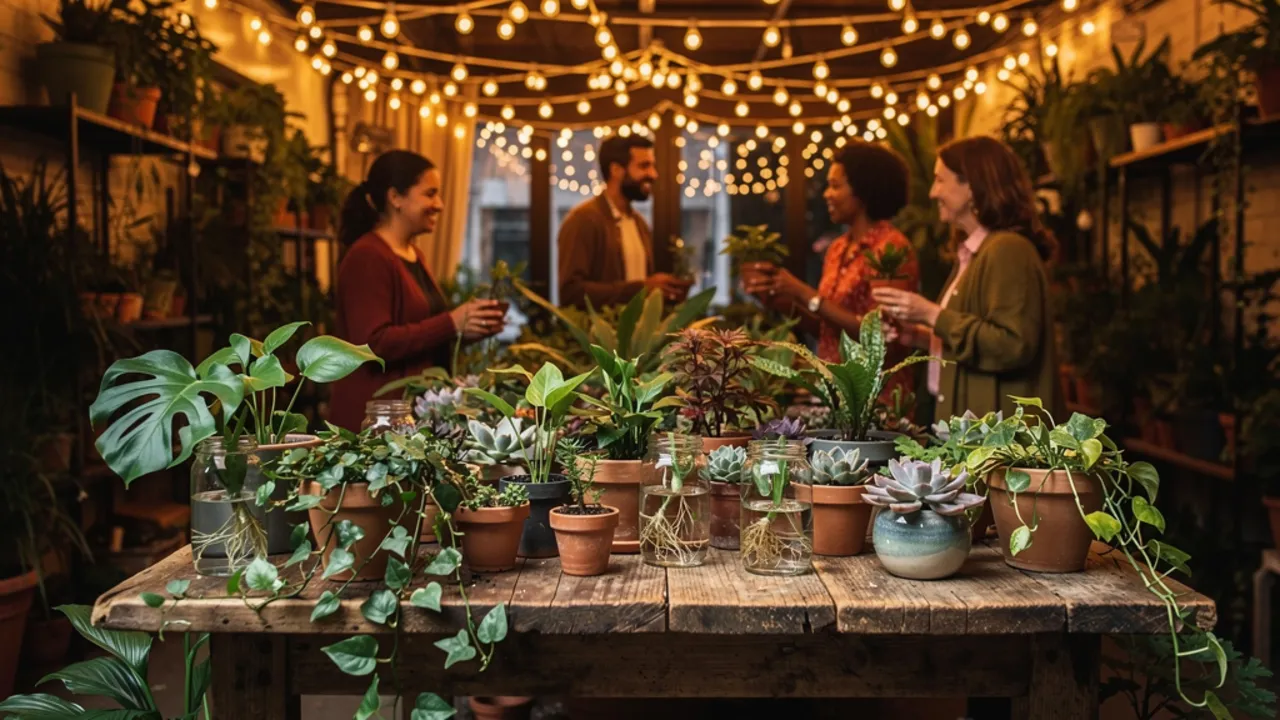 AI-generated event cover photo of a plant-swap evening under string lights