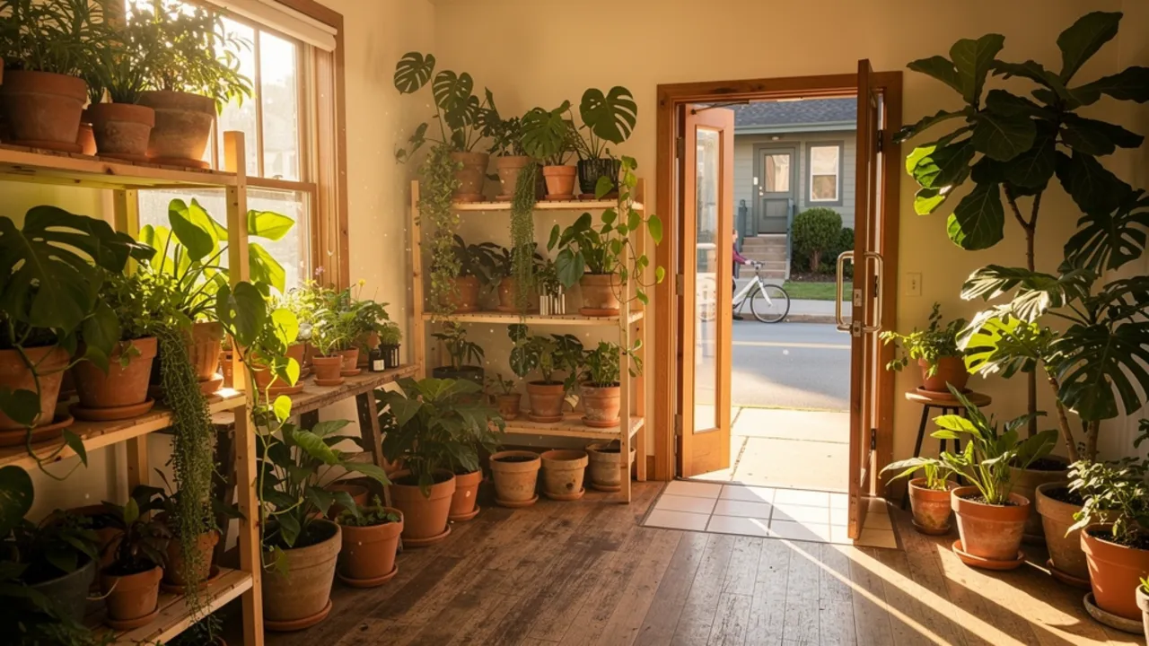 AI-generated feed post photo of a sunlit plant shop with shelves of potted plants