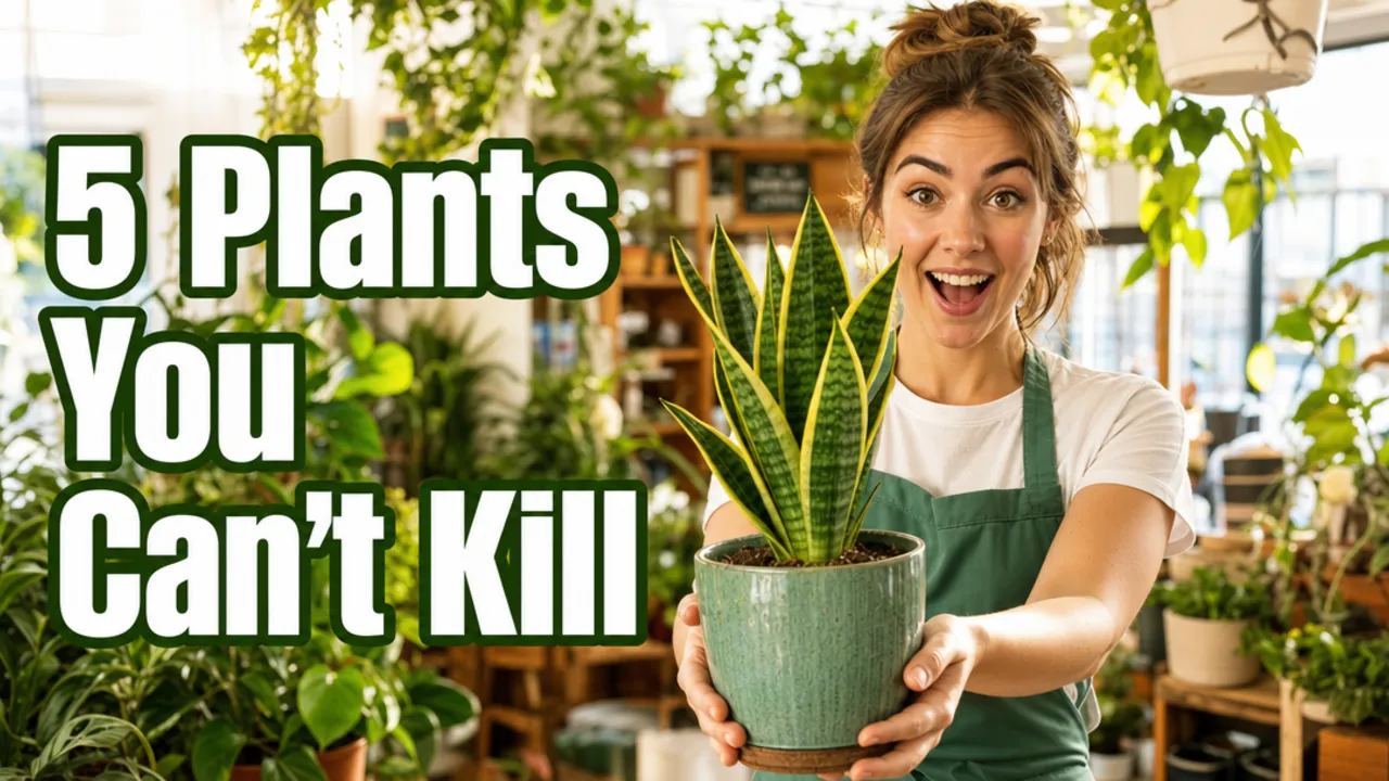AI-generated YouTube thumbnail of a plant-shop owner holding a snake plant with the title 5 Plants You Can't Kill