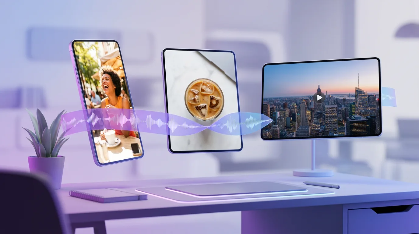 A vertical cafe video, a square iced coffee post, and a landscape city skyline video linked by an audio waveform on a desk